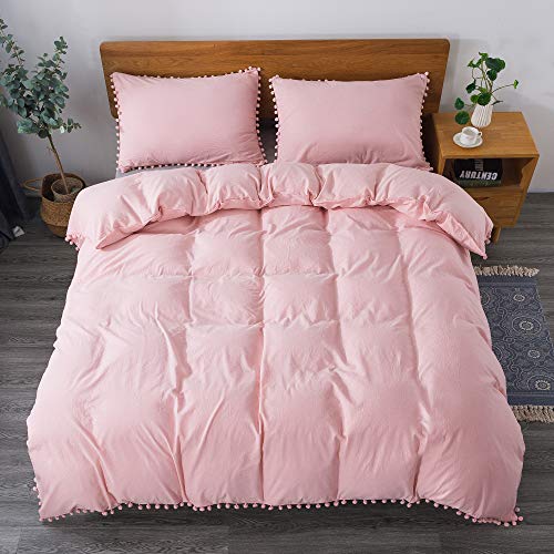 Softta Pink Pom Pom Bedding Set Ruffle Twin Girls Duvet Cover Baby Teen 3 Pcs Vintage Farmhouse Boho Quilt Cover Bohemian 100% Washed Cotton Solid Color #TOP4