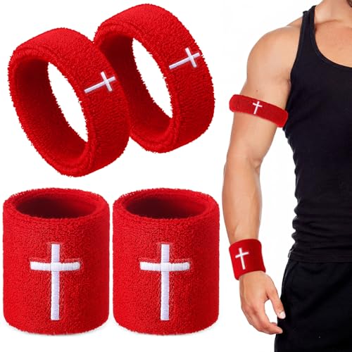 Image of Soulchen 4 pcs Cross Bicep Bands Wrist Bands Christian Arm Sweat Wristbands Absorbent Armband for Men Women Football Baseball Players Sports Activities Supplies
