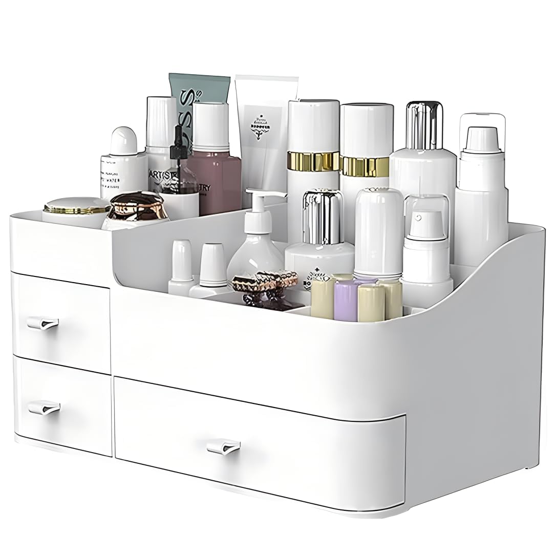 makeup organizer with drawers,large capacity bathroom organizer and storage,vanity,large bathroom countertop,bedroom storage for skincare,cosmetics,perfume,brushes,eyeshadow,lipstick, nail polish white