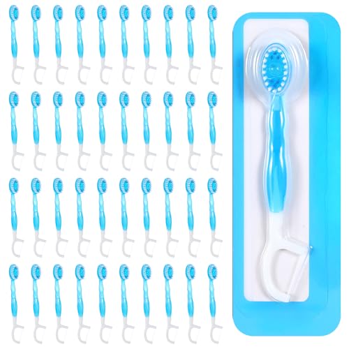 Dimeho 60 Pack Mini Toothbrushes and Floss Disposable Travel Toothbrushes 5-in-1 Prepasted Mini Brush with Toothpaste Floss Pick Tongue Scraper Individually Wrapped Box for Adult