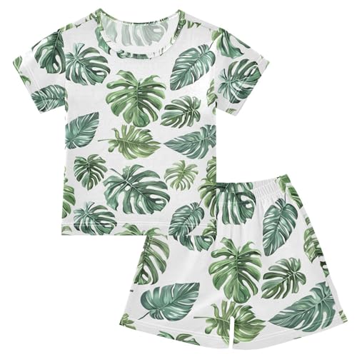 ALAZA Tropical Palm Leaves Watercolor Pajamas Short Sleeve 2 Piece Sleepwear Top and Bottom Pajama Set Unisex