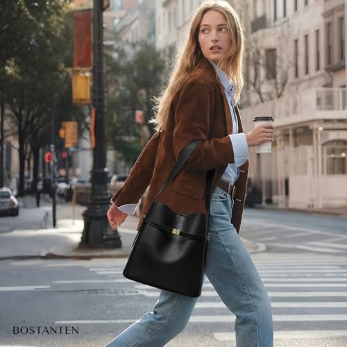 Image of BOSTANTEN Vegan Leather Purses for Women Quiet Luxury Shoulder Bucket Bag | Soft Luxury Tanned Leather, Include Drawstring Pouch, Front Belted Design, Fixed Wide Strap, for Everyday Office Weekend