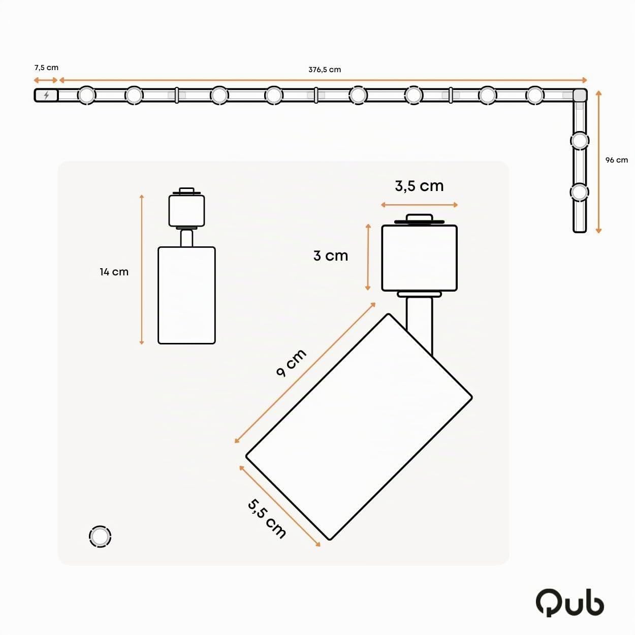Qub Focus III Monophasé Luminaire Plafonnier LED – 500cm - 10x GU10 Spot Sur Rail - 5x 1m Barre de Spot Plafond – L-Form - Plafonnier intérieur Noir Moderne – Spots et Rails de Spots