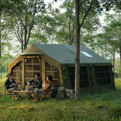 Coody 13.6 Inflatable Canvas Camping Tent for 2&ndash;8 People &ndash; Premium Two Room Family Glamping Air Beam Tent with Stove Jack, Breathable TC Cotton Canvas, Fast Setup, Pump Included, Green, Set