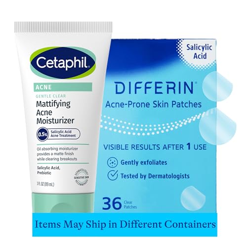 Cetaphil Gentle Clear Acne Moisturizer and Differin Patch Set: 36 Differin Power Patches, 18 large and 18 small pimple patches for acne-prone skin and Cetaphil Face Moisturizer with Salicylic Acid