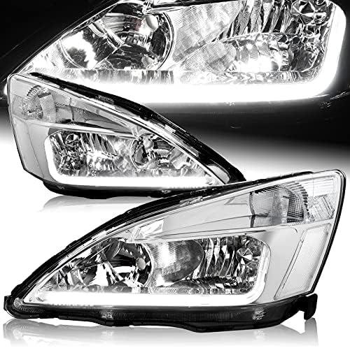 2PCS LED DRL Chrome Housing Headlights W/Clear Reflector Compatible With Honda Accord 2003 2004 2005 2006 2007, Chrome Housing Clear Lens, Driver and Passenger's side