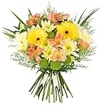 Seasons Joy Fresh Flowers Handcrafted Bouquet, Stunning Yellow Germini, Peruvian Lily, Palm and Chrysanthemum Mix, Thoughtful Gift for Birthday, Anniversary, Get Well, Sympathy or Any Special Occasion