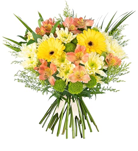 Seasons Joy Fresh Flowers Handcrafted Bouquet, Stunning Yellow Germini, Peruvian Lily, Palm and Chrysanthemum Mix, Thoughtful Gift for Birthday, Anniversary, Get Well, Sympathy or Any Special Occasion