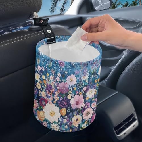 Image of Colorful Dreamy Flower Car Garbage Can Mini Car Trash Bin Hanging Headrest with Adjustable Buttons Multipurpose Car Organizer