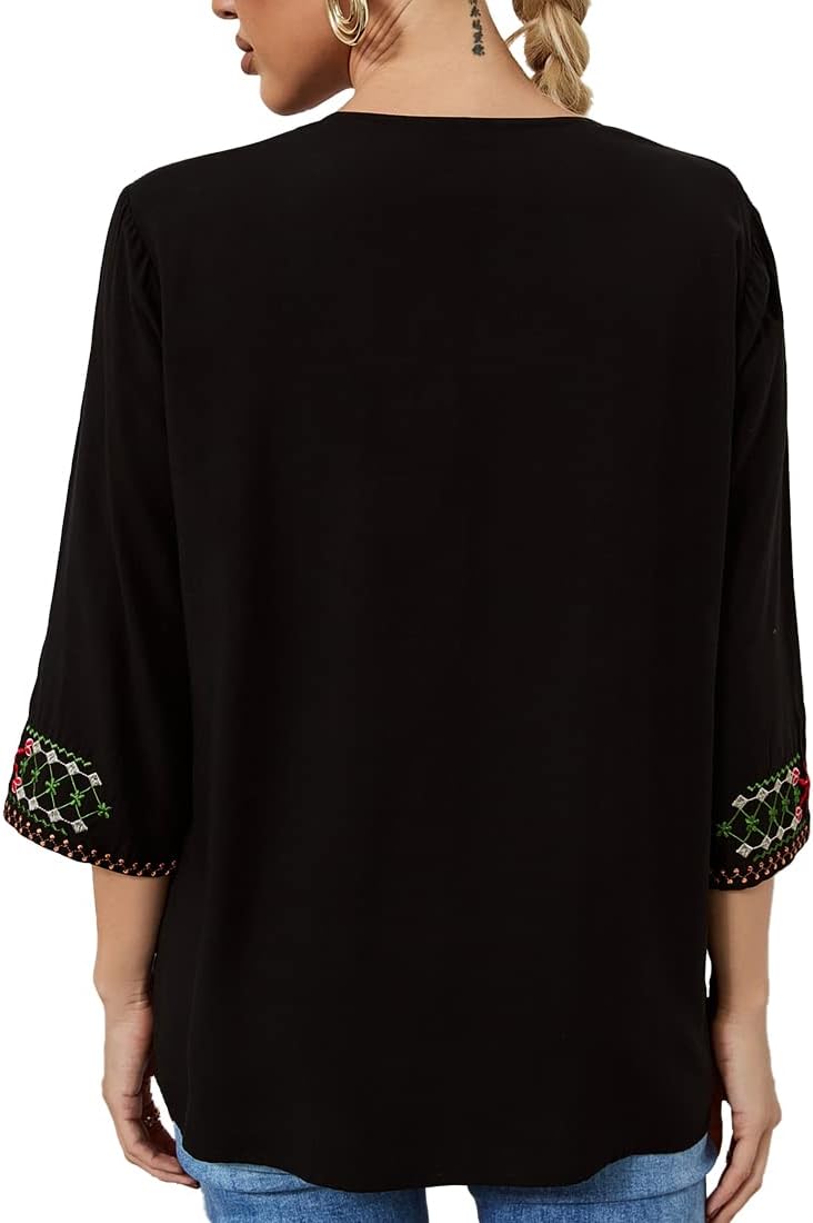 AK Women's Boho Embroidered Tops 3/4 Sleeve Mexican Peasant Shirts Bohemian Loose Tunic Blouses - Image 3