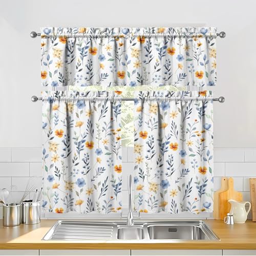 Image of Floral Kitchen Curtains 3 Piece Set Tier Valance Window Decor