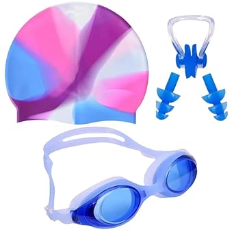 LEBAMI Swimming Kit for Unisex Adults & Kids | Goggles, Swim Cap, Nose Clip, Ear Plugs | Accessories for Swimming, Water Sports