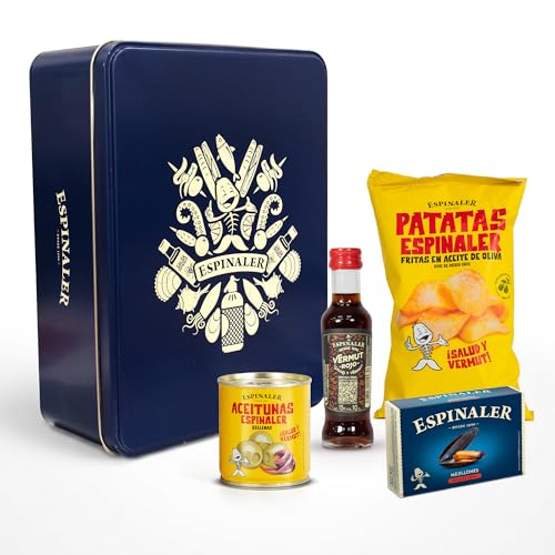Espinaler Cesta Gourmet Aperitivo - Pack Regalo con Vermut Rojo 10 cl, Patatas Fritas, Aceitunas Rellenas de Anchoa y Mejillones en Escabeche en Caja Vintage - Caja Regalo Vintage.