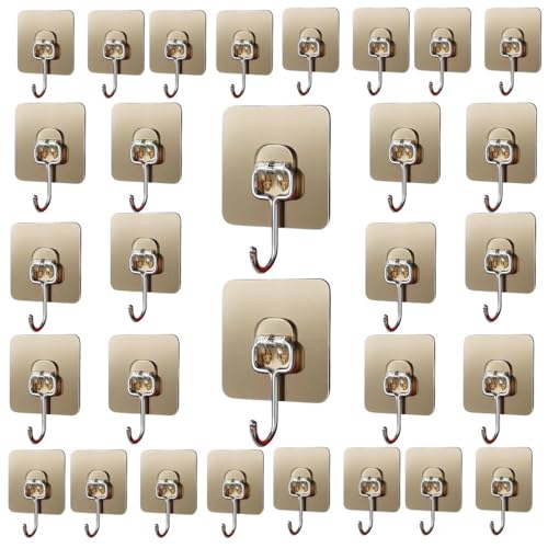 Image of Maxxic Labaratories (30pcs) Big Golden Self Adhesive Wall Hooks Heavy Duty for Hanging | Nail Free Sticky Hooks for Wall Heavy Items Without Drilling, Transparent Wall Hanger Hook