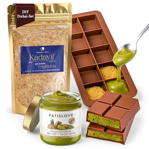 Madame Chéri Dubai Set Zutaten-Kit für Dubai Schokolade zum Selbermachen DIY Set mit Pistaziencreme (200 g) geröstetem Kadayif (200 g) tiefer Schokoladenform & Rezept