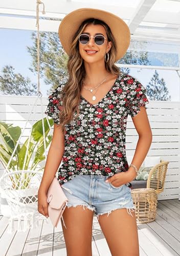 FREEOAK Summer Short Sleeve Shirts for Women Floral Tops Ruffle Womens T Shirts Sleeve Shirts for Women V Neck Loose Casual Tee Tunics L — view 4