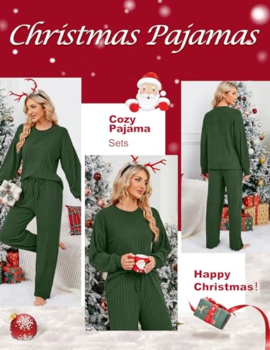 Image of Blooming Jelly Women Ribbed Long Sleeve Pajama Sets Fall Loungewear Pockets | 2 Piece Lounge Pj Matching Set Cute Casual Outfit Fleece Drawstring Crew Neck Wide Leg Flannel Soft Sleepwear