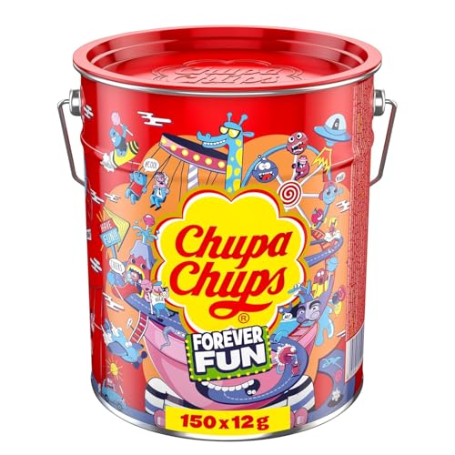 Chupa Chups Best of Lollipop-Eimer, enthält 150 Lutscher in 5 Geschmacksrichtungen in der Pop-Art Metall-Dose, geeignet für Geburtstag & Halloween, 150 x 12g