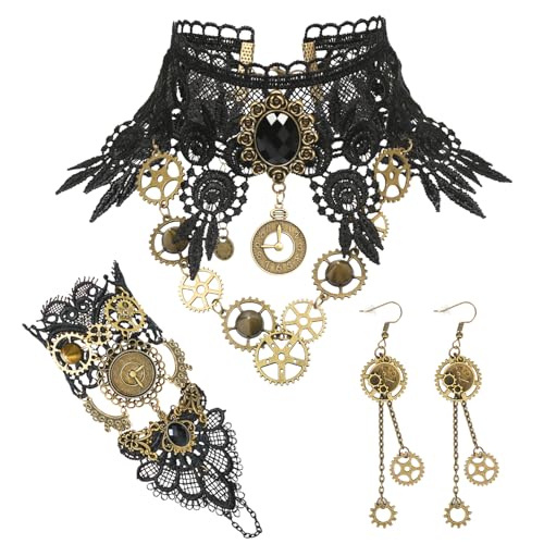 Meleager Steampunk Accesorios Gótico Mujer, 3 Piezas Halloween Steampunk Disfraz Accesorios, Negro Pendientes de Engranajes Steampunk, Pulsera Steampunk, para Vampire Gothic Disfraz Halloween Cosplay