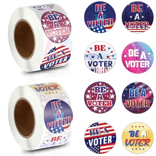 Tenceur 2 Rolls/ 1000 Pcs Be a Voter Stickers 1.5 Inch Vote Stickers White Red Blue Round Self Adhesive Labels 8 Designs for 2026 Patriotic Election Party Decorations Voting Decorations