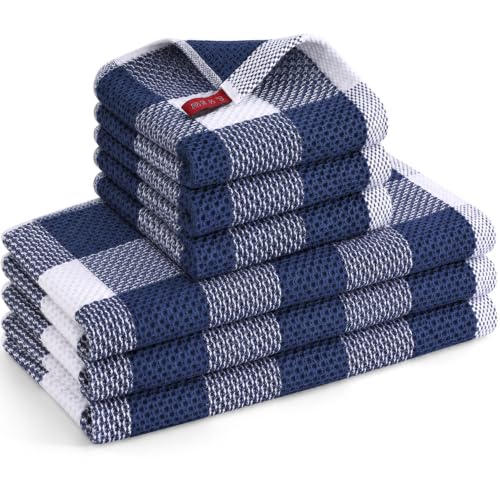 Mordimy Cotton Kitchen Towels and Dishcloths Set of 6, White & Navy Blue