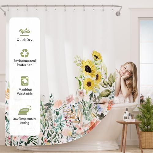 Image of AmazerBath Floral Shower Curtain, Cloth Fall Flower Shower Curtains for Bathroom Decor, Rustic Washable Sunflower Eucalyptus and Leaves Fabric Shower Curtain Sets with 12 Metal Hooks, 72x72 Inches