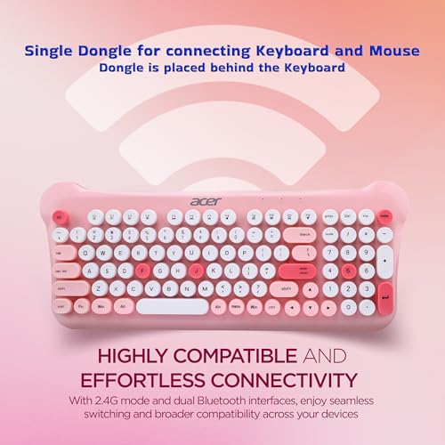 Image of Acer Cuteo Wireless Keyboard and Mouse Combo | 2.4GHz Wireless USB Receiver | Retro Round Keycaps | 1200 DPI Optical Mouse | Plug & Play Compact Design for PC, Laptop, Office & Home Use | Pink