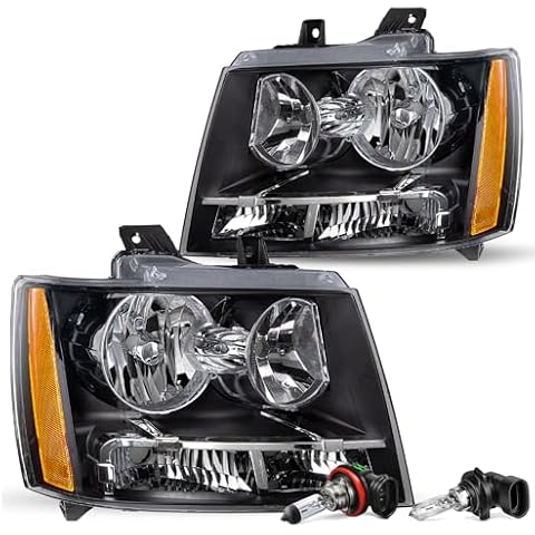 JSBOYAT Headlight Assembly with Bulbs Replacement for 2007-2014 Chevy Tahoe Suburban Avalanche Driver and Passenger Side, Black Housing with Amber Reflector Cover