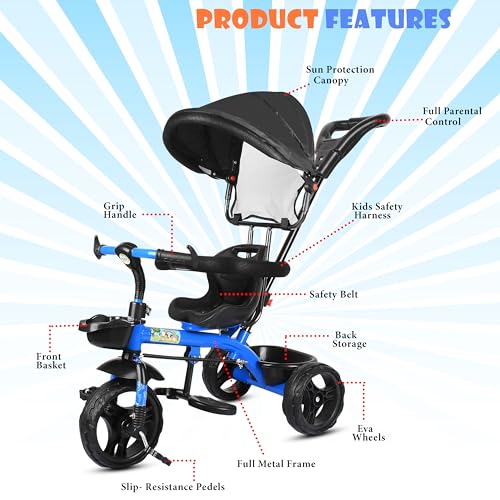 Image of BABY SMILE 4-in-1 Kids Tricycle with Adjustable Canopy, Parent Push Handle, Red and White (Blue Black)