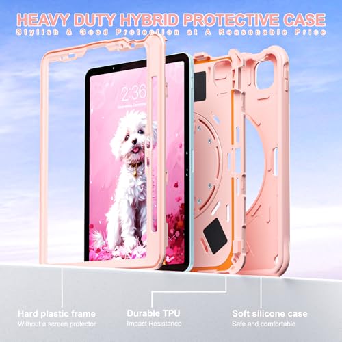 Image of ProElite Cover for iPad Air 11 M4 /M3 /M2 2026 /2025 /2024 / Pro 11 4th /3rd Gen /Air 5 /4 Gen 10.9 inch Case, Tough Bubble Kids Case with Pencil Holder with Rotating Kickstand & Shoulder Strap, Pink