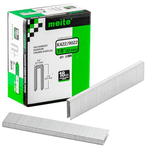 meite 18 Gauge 1/4-Inch Narrow Crown Staples, 7/8-Inch Length Heavy Duty Galvanized Upholstery Staples for Electric or Pneumatic Narrow Crown Staple Guns (4,000 PCS)