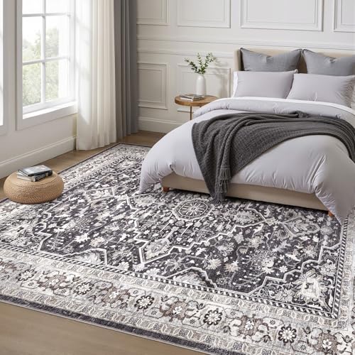 9x12 Area Rug Living Room: Washable Boho Large Vintage Moody Soft Rugs Distressed Oriental Stain Resistant Non-Slip Indoor Floor Carpet for Bedroom Playroom Office Dining Room Retro Home House- Black