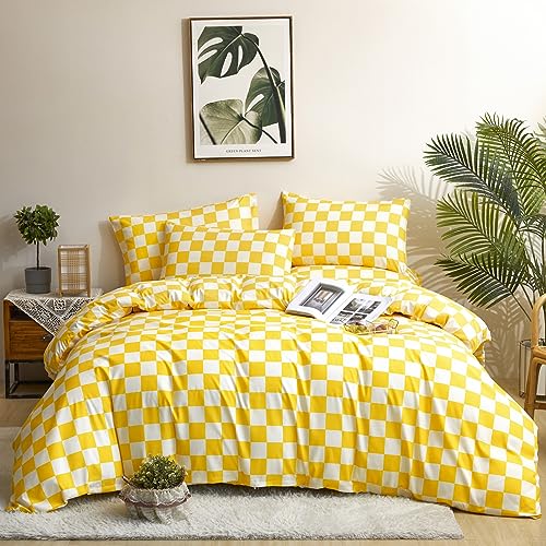 KAREVER Brand King 3PC Bedding Set, Grid Yellow White