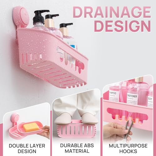 Image of LEVERLOC Shower Caddy Suction Cup Set Shower Organizer & Soap Holder & Toothbrush Holder, Bathroom Shelf Basket NO-Drilling, Removable Suction Storage Waterproof Bathroom Caddy, Pink