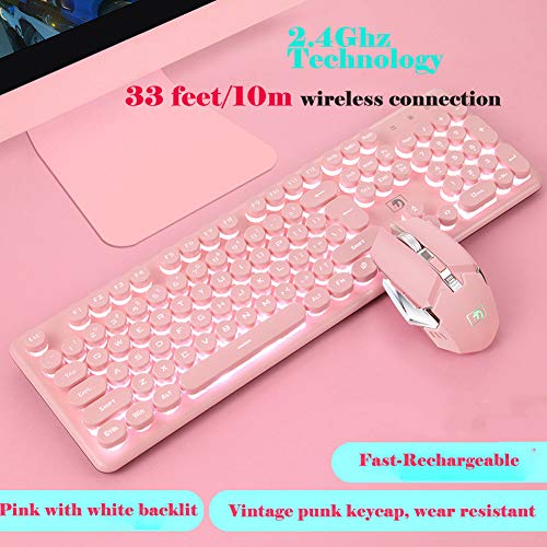 Gaming Keyboard And Mouse,Soke-Six 2.4G Wireless Retro Punk Typewriter-Style Backlit Keyboard Mice Combo,4800Mah Battery,Mechanical Feel,Anti-Ghosting,Crystal Panel Round Keycaps (Pink+White Light) #TOP1