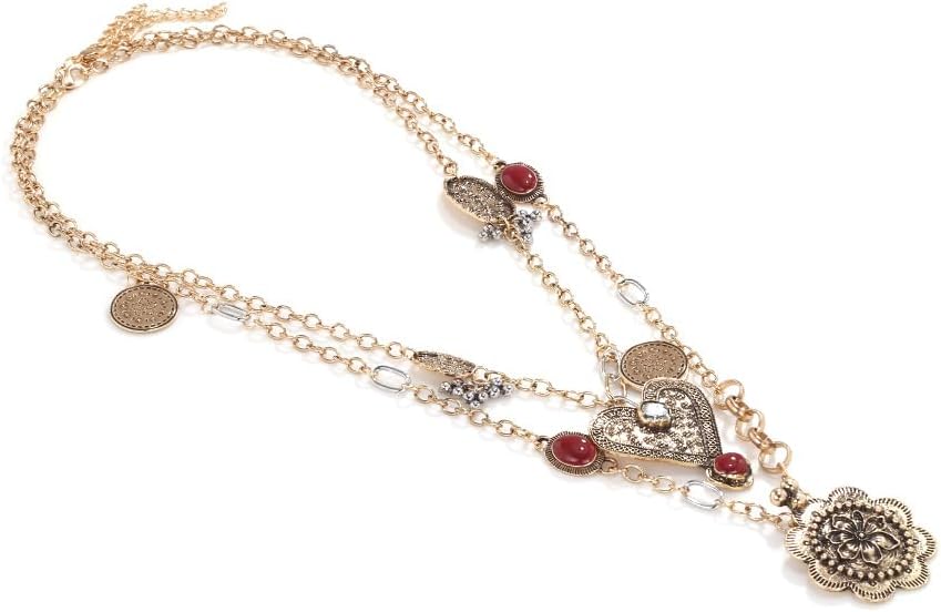 LUREME Vintage Double Layer Necklace for Women, Antique Gold Large Heart & Flower Pendant, Adjustable Layered Chain Bohemian Jewelry(nl006393) - Image 5