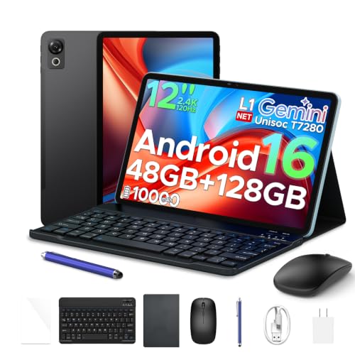 Image of P12 2026 Android 16 Tablet, 12 Inch 120Hz 2.4K Tablet with Gemini AI, UNISOC T7280 Octa Core, 48GB RAM+128GB Storage, 10000mAh Battery, Face ID, Widevine L1, Tablet with Keyboard, Pen -Black