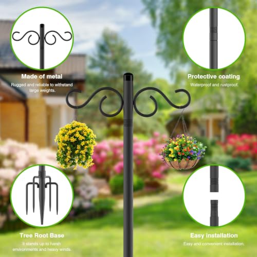 Image of RCUICA Double Shepherds Hooks for Outdoor,2 Pack 110Inch Bird Feeder Pole with 5 Prongs Base,Heavy Duty Shepherds Hook,Suitable for Garden in Hanging Flower Basket,Lantern,Bird Nests (110 inch)