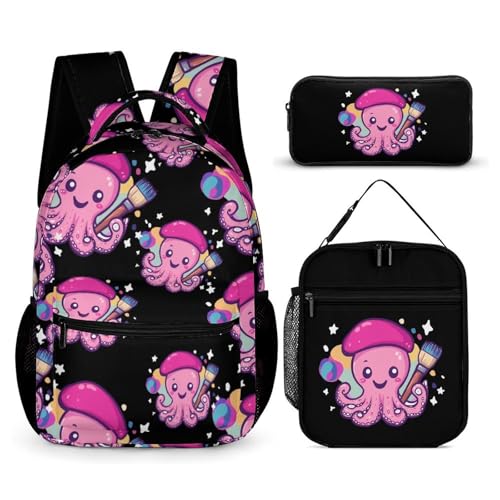 Painters Octopuss Artist Travel Backpack Lunch Box Pencil Case 3Pcs Set for Men Women Office Outing University