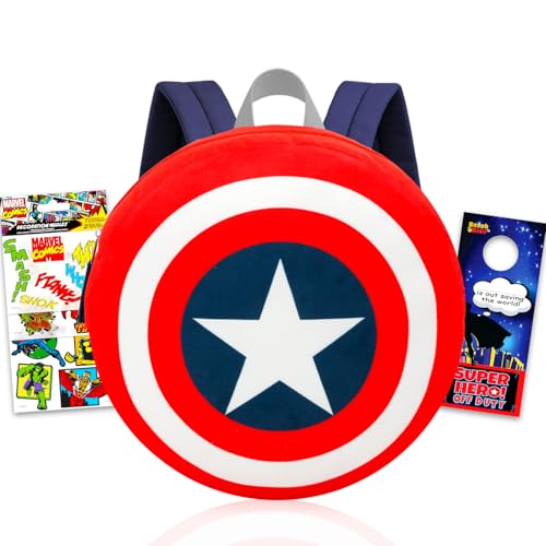 Marvel Conjunto de mochila de pelúcia Capitão América – Pacote com pelúcia de 29 cm com alças de transporte, adesivos, mais | Bolsa de pelúcia do Capitão América