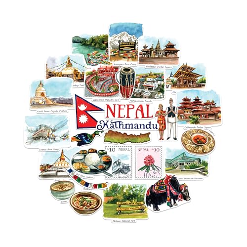 Navy Peony Autocollants Spirituels du Népal (28 pièces) – Aquarelle, Katmandou, Everest, Himalaya, Décorations de voyage à thème népalais pour scrapbooks, journaux, bagages