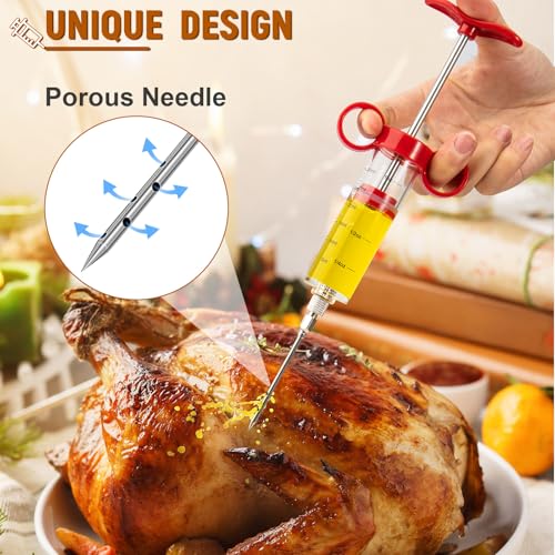 Image of Kingsmile Meat Injector, Turkey Injector Syringe - 3 Needles for BBQ Grill, 1oz Meat Injector Syringe, Injector Marinades for Meats, Meat Injectors for Smoking 1 Cleaning Brush Easy to Use & Clean Red