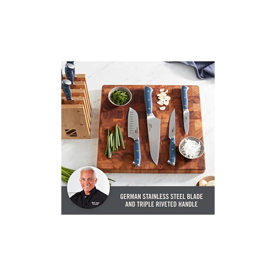 DASH-Zakarian-by-DASH-11-Piece-German-Steel-Kitchen-Knife-Set-with-7-Chef-5-Santoku-5-Serrated-Utility-35-Paring-6-Steak-Knives-and-Magnetic-Bamboo-Knife-Block-Blue DASH Zakarian by DASH 11-Piece German Steel Kitchen Knife Set with 7" Chef, 5" Santoku, 5" Serrated Utility, 3.5" Paring, 6 Steak Knives and Magnetic Bamboo Knife Block, Blue