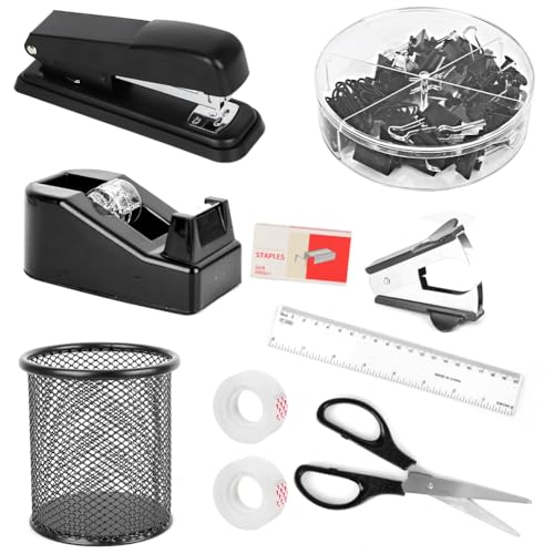 Juego de accesorios de escritorio y suministros de oficina negro: kit completo de organizador de espacio de trabajo que incluye grapadora grande, dispensador de cinta, quitagrapas, grapas, clips,
