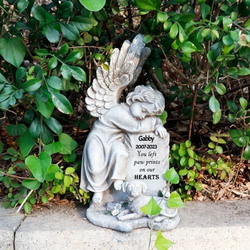 Dog Memorial Stone Dog Grave Marker Boy Angel Guarding Dog Headstones Dog Tombstone Personalized Memory Garden Stone Pet Memorial Stones Loss Dog Sympathy Gifts (B)