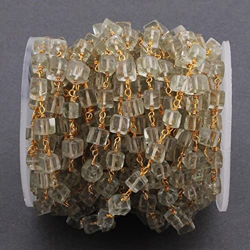 Chaîne de perles aigue-marine en cubes lisses et fil plaqué or 24k pour création