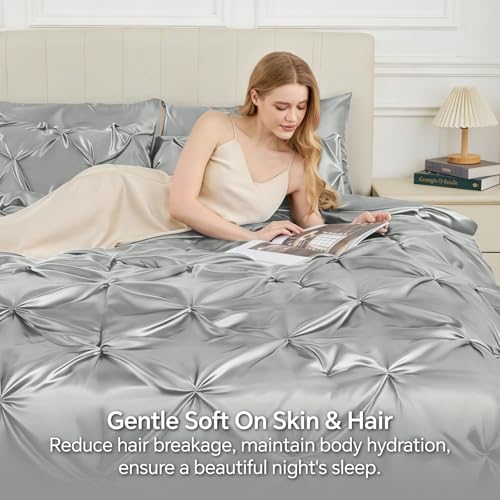 Image of BEDELITE Satin Comforter Set Full Size, 7 Pieces Pintuck Bed in A Bag with Comforter, Flat Sheet, Fitted Sheet, Pillowcases, Shams, Soft Cozy Similar to Silk Bed Set for All Seasons (Grey)