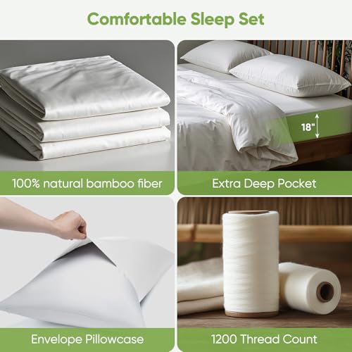 Image of TWK Luxury Sheet Set, Genuine 100% Organic Viscose Derived from Bamboo, Cooling & Breathable, Silky Soft, Bedding Sheets & Pillowcases (White, Queen)