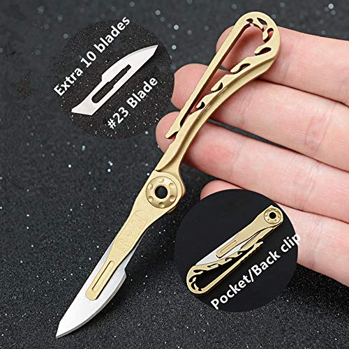 Szhoworld Mini Brass Pocket Knife Edc Utility Knife With 10 Extra Replaceable Blades, Portable Sharp Folding Knife With Back Clip #TOP1