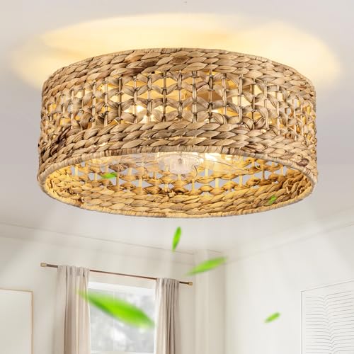 Boho Rattan Ceiling Fan with Light & Remote